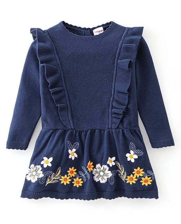 Babyhug Full Sleeves Woollen Dress Floral Design - Navy Blue