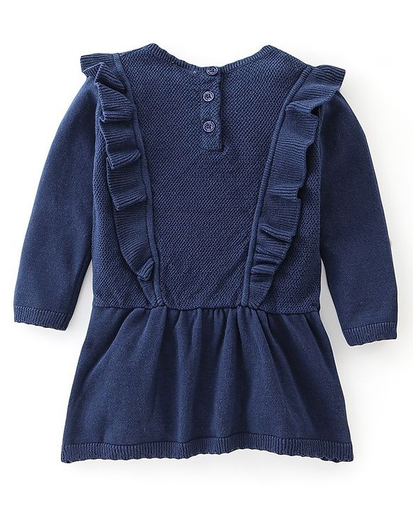 Babyhug Full Sleeves Woollen Dress Floral Design - Navy Blue