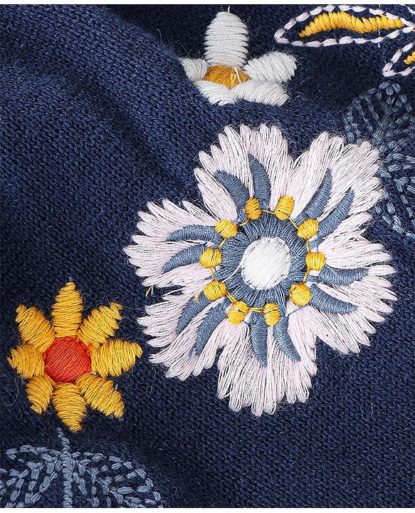 Babyhug Full Sleeves Woollen Dress Floral Design - Navy Blue