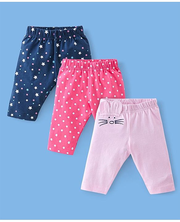 Babyhug Cotton Lycra Three Fourth Length Leggings Star Print Pack Of 3 - Blue & Pink