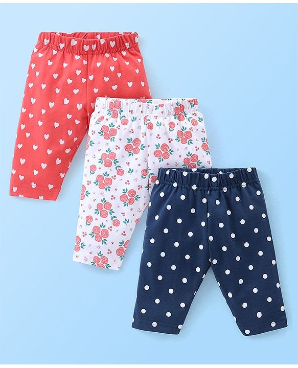 Babyhug Cotton Three Fourth Lycra Leggings Floral & Hearts Print Pack Of 3- Blue White & Red