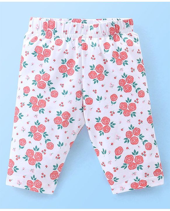 Babyhug Cotton Three Fourth Lycra Leggings Floral & Hearts Print Pack Of 3- Blue White & Red