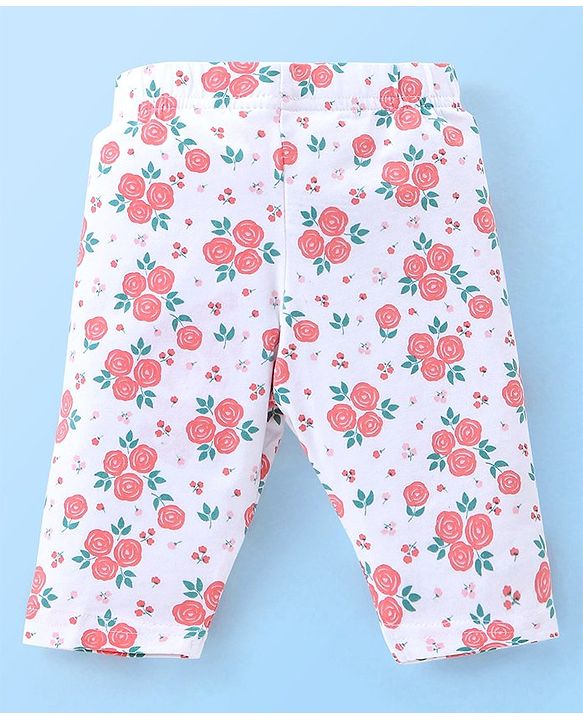 Babyhug Cotton Three Fourth Lycra Leggings Floral & Hearts Print Pack Of 3- Blue White & Red