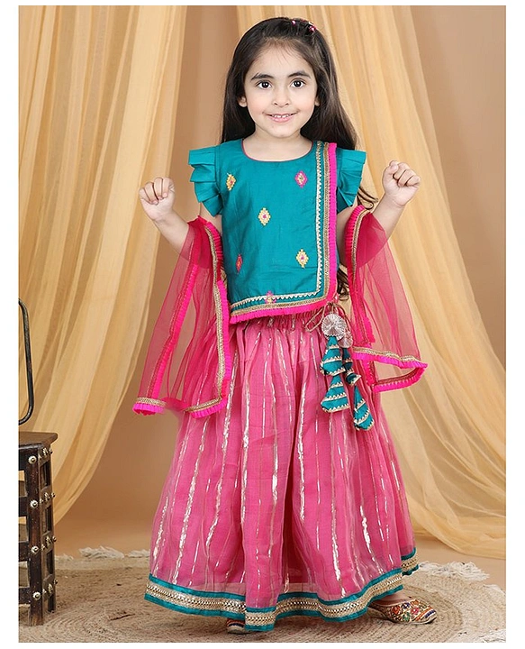 Buy Kinder kids Cap Frill Sleeves Floral Foil Embellished Double Layered  Lace Work Skirt With Embroidered Top And Dupatta - Blue at Amazon.in