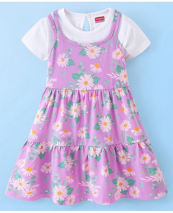 Babyhug 100% Cotton Knit Frock With Half Sleeves Inner Tee Floral Print- Lilac