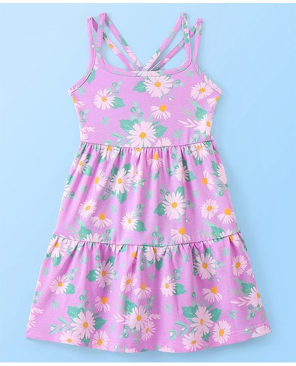 Babyhug 100% Cotton Knit Frock With Half Sleeves Inner Tee Floral Print- Lilac