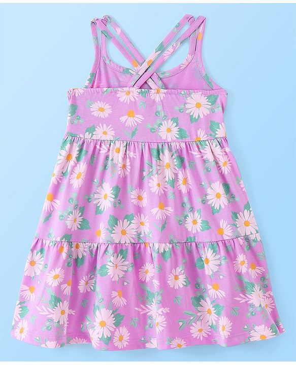 Babyhug 100% Cotton Knit Frock With Half Sleeves Inner Tee Floral Print- Lilac