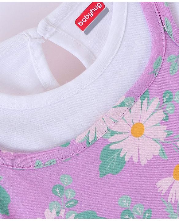 Babyhug 100% Cotton Knit Frock With Half Sleeves Inner Tee Floral Print- Lilac