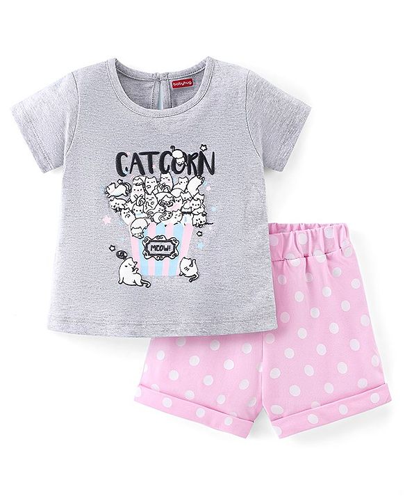 Babyhug Cotton Knit Half Sleeves Night Suit with Kitty Print - Grey Melange & Pink
