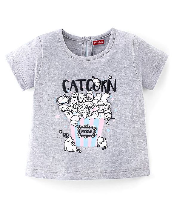 Babyhug Cotton Knit Half Sleeves Night Suit with Kitty Print - Grey Melange & Pink