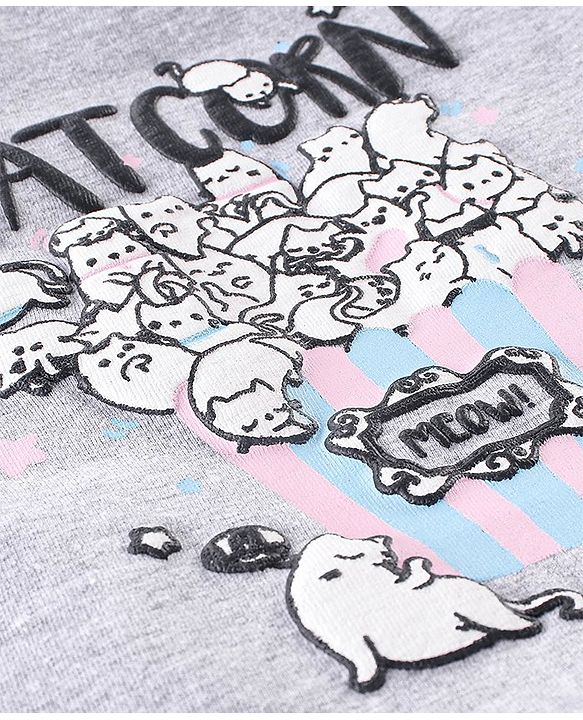 Babyhug Cotton Knit Half Sleeves Night Suit with Kitty Print - Grey Melange & Pink