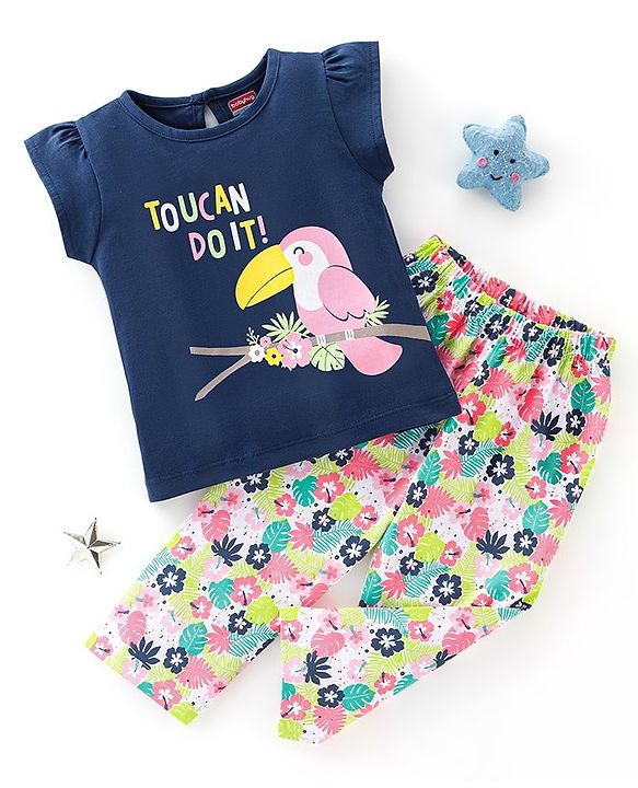 Babyhug Cotton Knit Half Sleeves Night Suit Toucan Print - Navy Blue & White