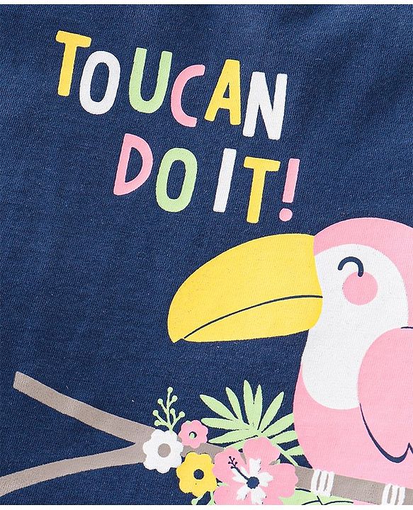 Babyhug Cotton Knit Half Sleeves Night Suit Toucan Print - Navy Blue & White