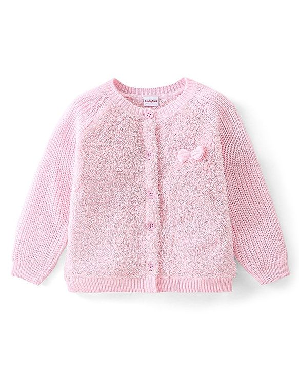 Babyhug Full Sleeves Front Open Sweaters With Bow Applique - Pink
