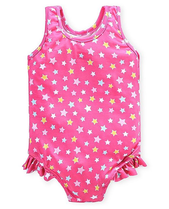 Babyhug Sleeveless V Cut Swimsuit Star Print - Pink