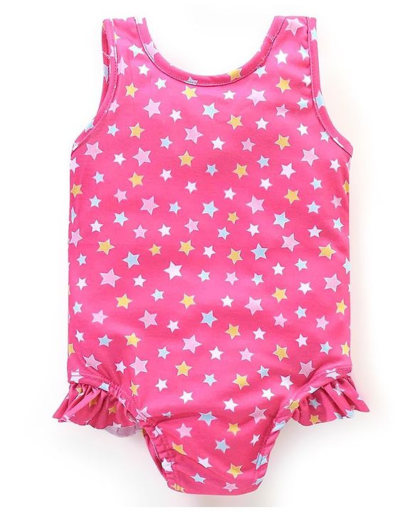 Babyhug Sleeveless V Cut Swimsuit Star Print - Pink