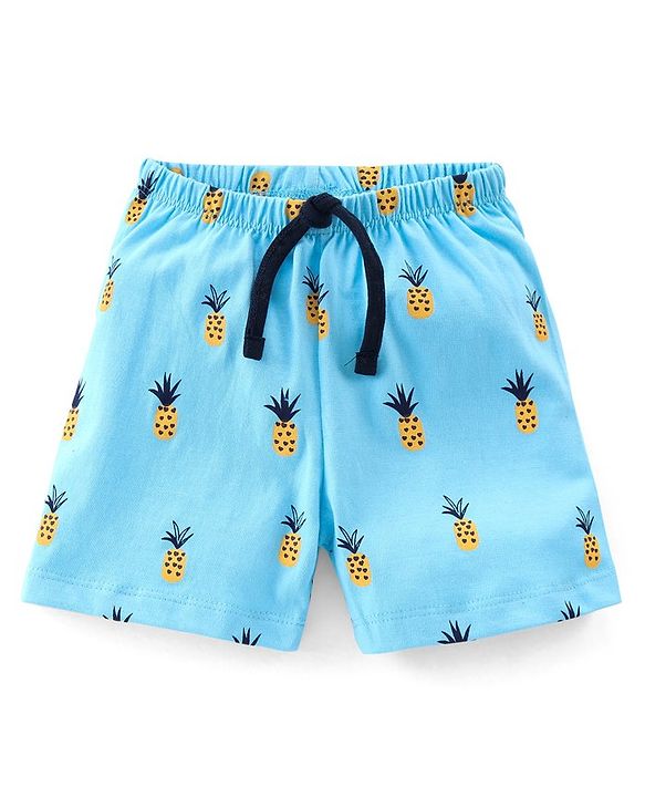 Babyhug Cotton Jersey Mid Thigh Length Shorts With Pineapple Print - Blue