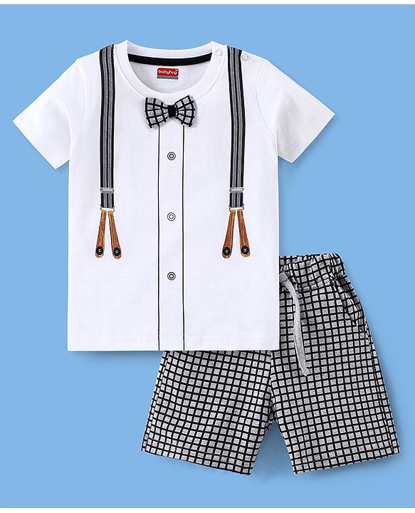 Babyhug 100% Cotton Knit Half Sleeves Suspender Printed T-Shirt & Checked Shorts with Bow - White & Grey