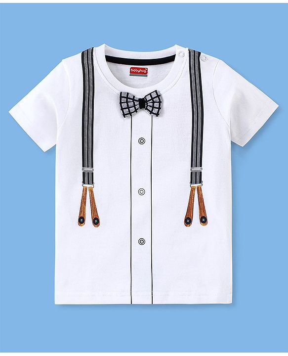 Babyhug 100% Cotton Knit Half Sleeves Suspender Printed T-Shirt & Checked Shorts with Bow - White & Grey