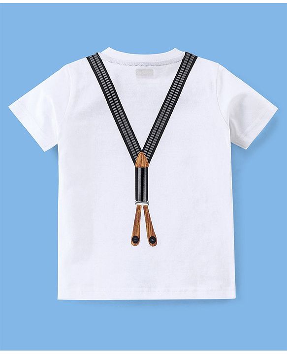 Babyhug 100% Cotton Knit Half Sleeves Suspender Printed T-Shirt & Checked Shorts with Bow - White & Grey