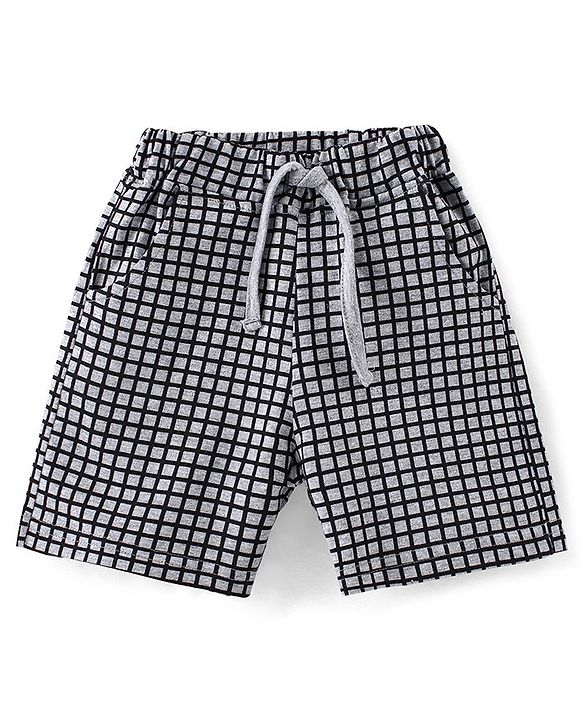 Babyhug 100% Cotton Knit Half Sleeves Suspender Printed T-Shirt & Checked Shorts with Bow - White & Grey