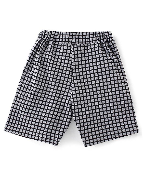 Babyhug 100% Cotton Knit Half Sleeves Suspender Printed T-Shirt & Checked Shorts with Bow - White & Grey