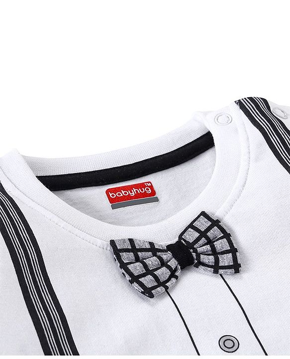 Babyhug 100% Cotton Knit Half Sleeves Suspender Printed T-Shirt & Checked Shorts with Bow - White & Grey
