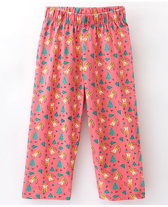 Babyhug Full Length Cotton Knit Pajama Fox Printed - Coral