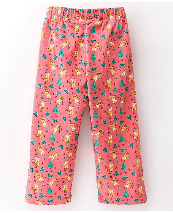 Babyhug Full Length Cotton Knit Pajama Fox Printed - Coral