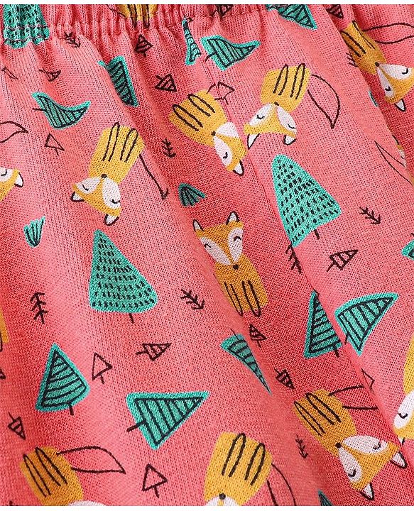 Babyhug Full Length Cotton Knit Pajama Fox Printed - Coral