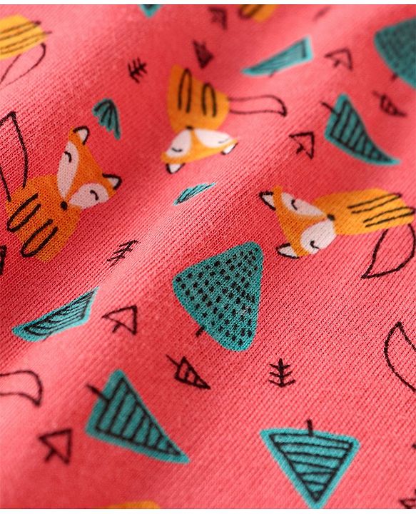 Babyhug Full Length Cotton Knit Pajama Fox Printed - Coral