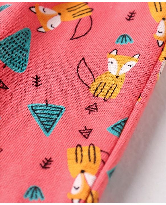 Babyhug Full Length Cotton Knit Pajama Fox Printed - Coral