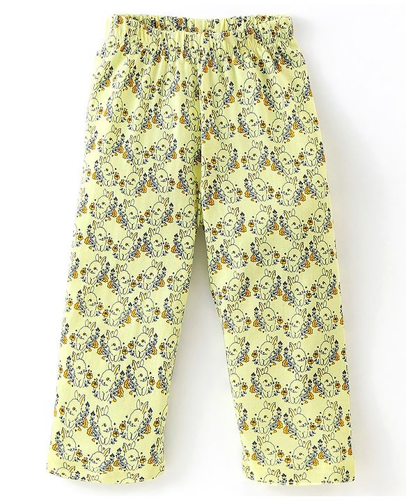 Babyhug Cotton Knit Full Length Pajama with Bunny Print - Yellow