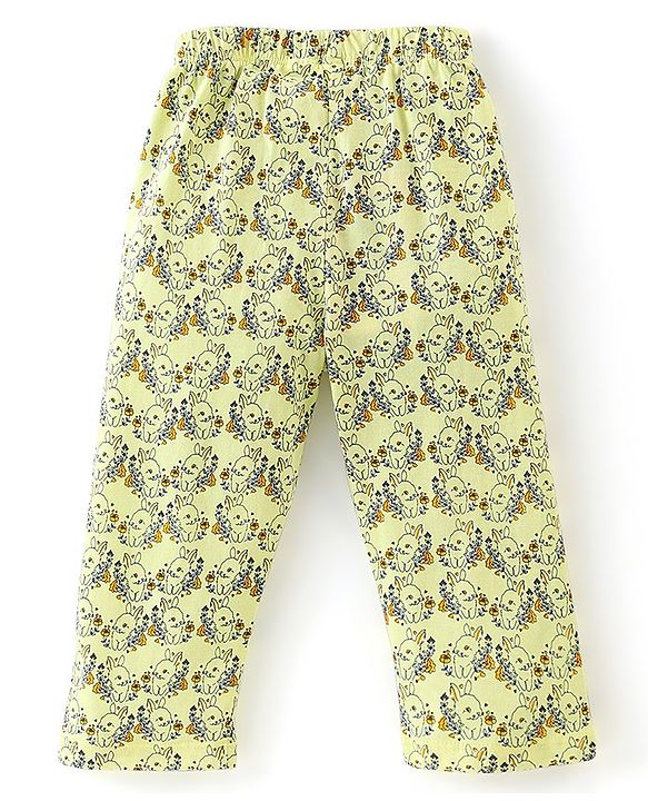 Babyhug Cotton Knit Full Length Pajama with Bunny Print - Yellow