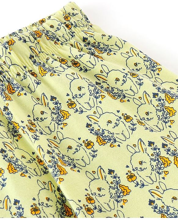 Babyhug Cotton Knit Full Length Pajama with Bunny Print - Yellow