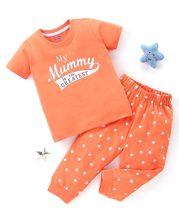 Babyhug Cotton Knit Half Sleeves Night Suit My Mummy is the Greatest Print - Orange
