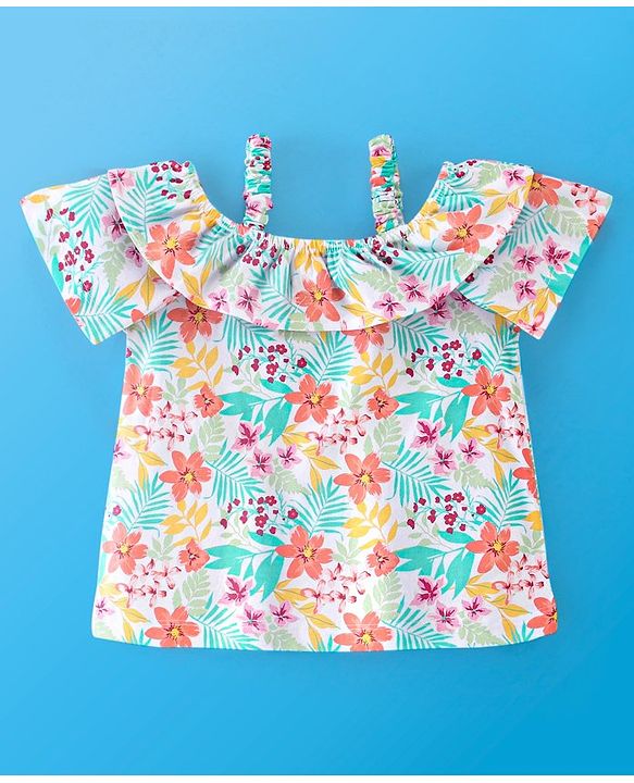 Babyhug 100% Cotton Knit Half Sleeves Off Shoulder Top Floral Print - Multicolour