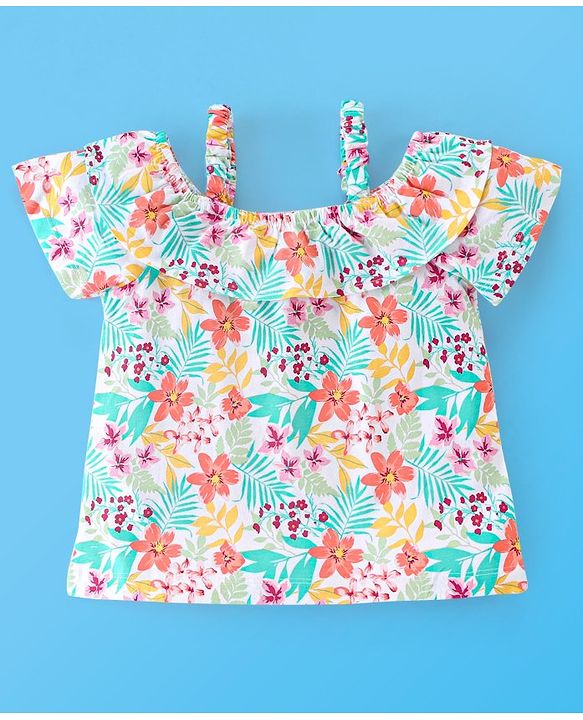 Babyhug 100% Cotton Knit Half Sleeves Off Shoulder Top Floral Print - Multicolour