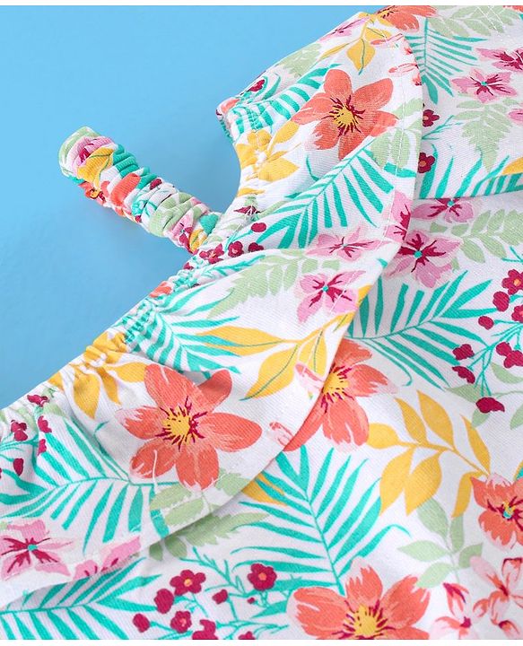Babyhug 100% Cotton Knit Half Sleeves Off Shoulder Top Floral Print - Multicolour