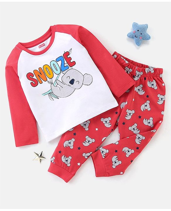 Babyhug Cotton Knit  Raglan Sleeves Koala Printed Night Suit - Red