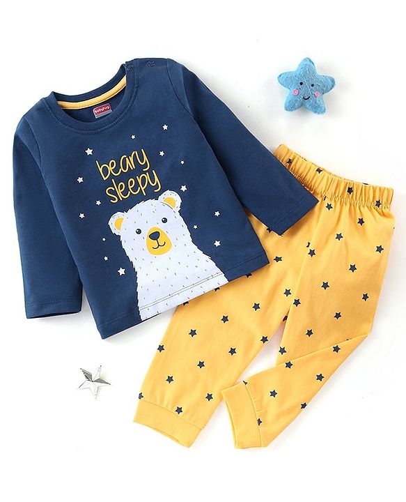 Babyhug Cotton Knit Full Sleeves Night Suit Bear Print - Navy Blue & Yellow