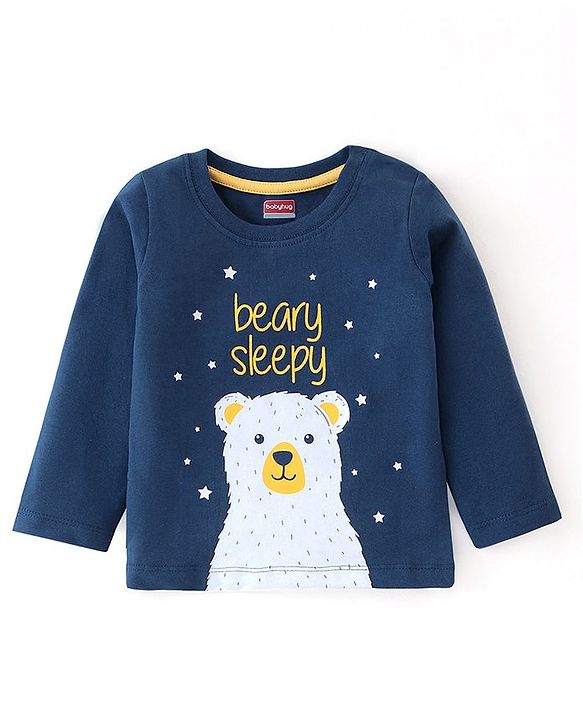 Babyhug Cotton Knit Full Sleeves Night Suit Bear Print - Navy Blue & Yellow