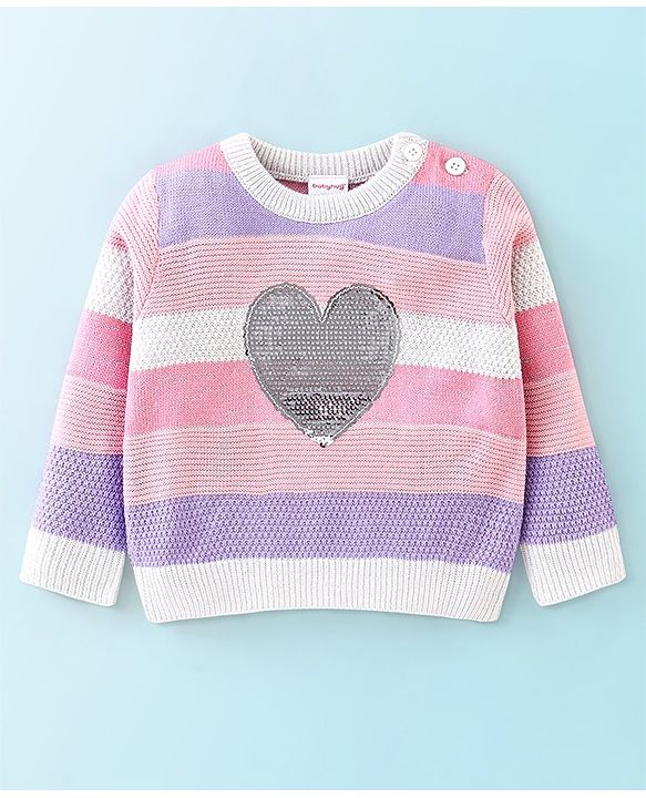 Babyhug Knit Full Sleeves Sweater Stripes Design With Heart Sequin Detailing- White Pink & Purple