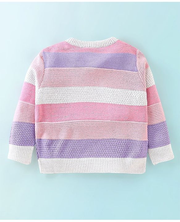 Babyhug Knit Full Sleeves Sweater Stripes Design With Heart Sequin Detailing- White Pink & Purple