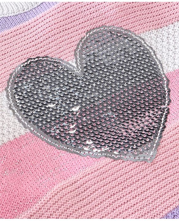 Babyhug Knit Full Sleeves Sweater Stripes Design With Heart Sequin Detailing- White Pink & Purple