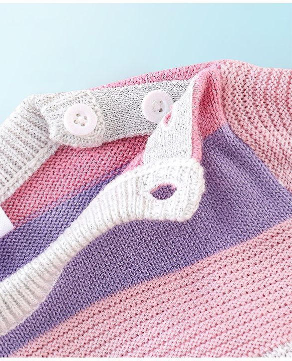 Babyhug Knit Full Sleeves Sweater Stripes Design With Heart Sequin Detailing- White Pink & Purple