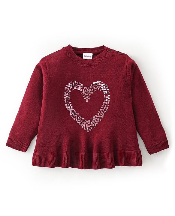 Babyhug Knit Full Sleeves Heart Sequins Sweater - Maroon