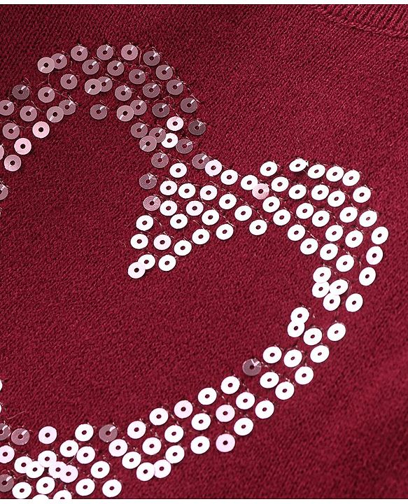 Babyhug Knit Full Sleeves Heart Sequins Sweater - Maroon