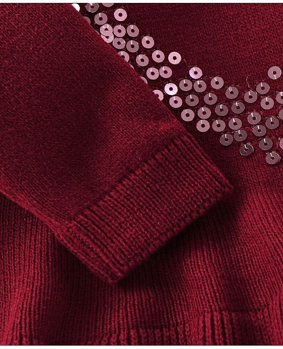 Babyhug Knit Full Sleeves Heart Sequins Sweater - Maroon