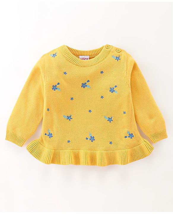 Babyhug Full Sleeves Sweater With Frill Detailing & Floral Embroidery- Yellow